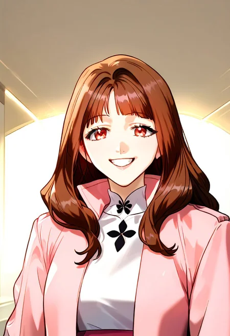 masterpiece, top quality, best quality, 1 girl, solo, long hair, brown hair, a pink jacket with a high collar, smile