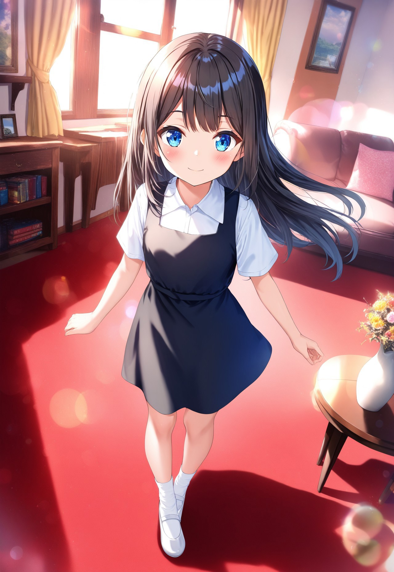 masterpiece, best quality,amazing quality,(1girl), solo,(depth of field),(solo focus),8K,HDR,(ultra high res),(highres),(full body),(lens flare),smile,blush,(black hair),(long hair),(blue eyes),(floating hair), sidelocks,(malaysian secondary school uniform),(pinafore dress),(black skirt),(black pinafore),(collared shirt),(white shirt),(short sleeves),(white socks),(short socks),(white footwear),(ballet flat),(indoors),(curtain),(room),(carpet),(couch),(vase),(window),(shelf),(table),(standing),(looking at viewer),child
