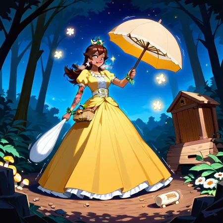 score_9,score_8_up,score_7_up,score_6_up,score_5_up,1girl, score_4_up,source_nintendo,daisy,princess_daisy,brown_hair, mario_(series),red_eyes,glowing eyes,shotgun made of clocks, long hair,slit pupils,(flower bracelets),(dark skin),curvy,frown, smile,clenching fists,tongue,grin,wide hips,thick thighs,thick legs,medium breasts,narrow waist,(tattoos:1.4),flower tattoo, forest,autumn forest,thorny vines,dirt road,wooden hut,gold shroom,yellow mushrooms,glowing mushrooms,night,stars (sparkles:1.4),sky,clouds,long skirt,yellow dress,white ribbon belt,holding umbrella,holding basket,(puffy shoulders),puffy red lips,(short sleeves),lacy skirt,very long skirt,gold earrings, hand sign,moonlight,shiny skin,dynamic pose,crystal yellow orbs,levitating yellow orbs,big mushrooms,(motion lines:1.4),(thick outlines:1.4),(trembling lines:1.4),sweat,destroyed stone bricks,jewelry,steam,steamy breath,wine bottle,salami,cheese, spoken food,(gun case),bullet belt,weapons,gold crown,tiara, masterpiece,best_quality,newest,absurdres,best shadow,light particles,highly detailed background,amazing quality,highly detailed_skin,very_detailed_clothes,power_lines,speed lines, emphasis_lines,very_aesthetic,dynamic_angle,high quality,4k, best shadows,<lora:add-detail-xl:2>,scrimshaw,made out of, ebony,ivory,bone carving