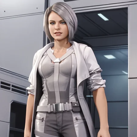 <lora:silversableps4_pony_v1:1> SilverSablePS4, 1girl, short hair, belt, labcoat, sleeves rolled up, breasts