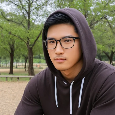 a man with hood sitting on park, asian man, ettaphyl (1boy, bara, short hair, black hair, brown eyes, glasses), upper body, perfection style, perfection, perfect