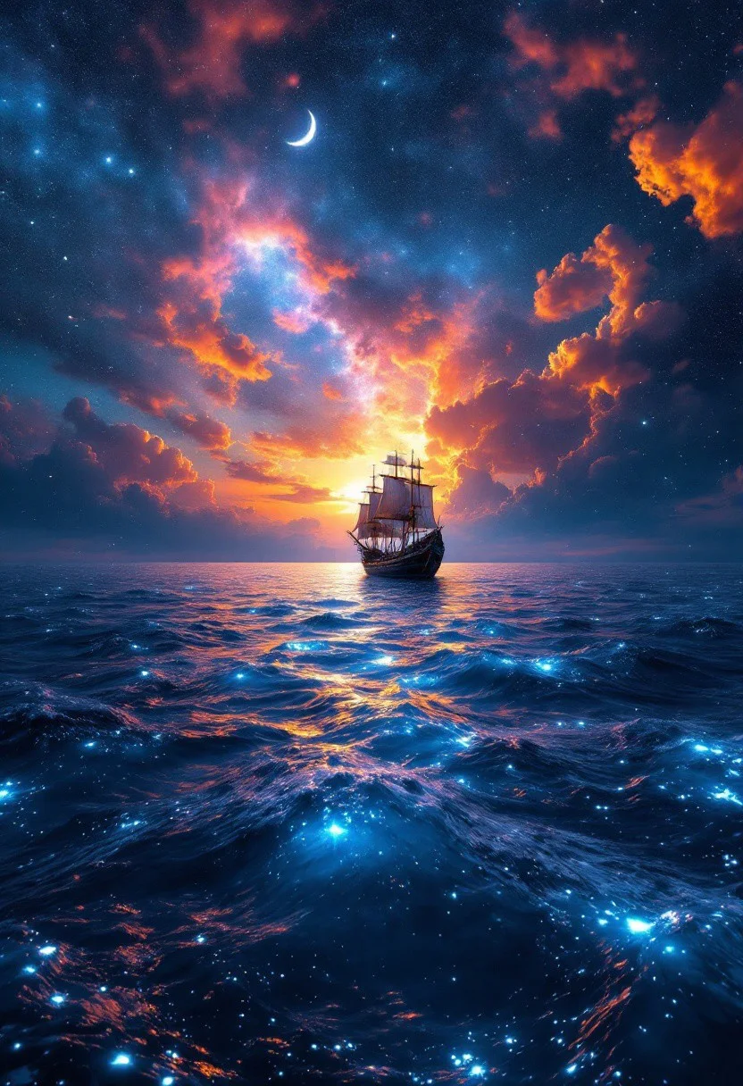 A breathtaking cinematic shot of a celestial seascape, where a lone ship glides across the deep blue ocean. The ancient vessel stands out against the backdrop of a mesmerizing sky, painted with vibrant hues of fiery orange and pink that seamlessly blend with the inky blackness of night. A crescent moon casts a soft glow, illuminating the bioluminescent shimmer of the water. The vast ocean and celestial sky evoke a sense of tranquility, wonder, and awe. The solitary ship adds an air of mystery and adventure, inviting the viewer to embark on a fantastical journey. This conceptual art piece masterfully blends natural beauty with artistic imagination, capturing the magic of the night sky and the allure of the open sea.