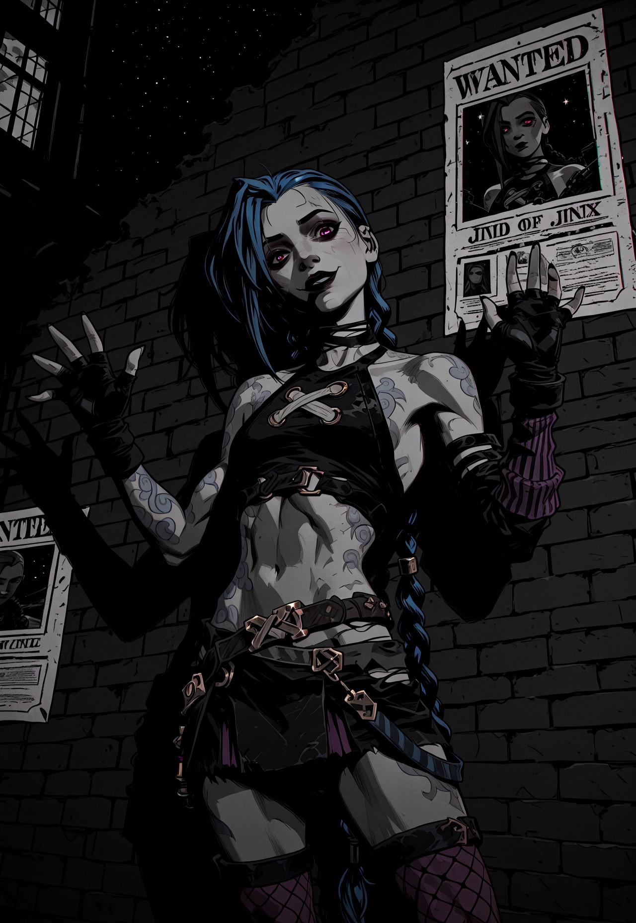 1girl, solo, detailed face, detailed eyes, detailed hair, toned female, petite, jinx (league of legends), arcane jinx, long hair, blue hair, twin braids, asymmetrical bangs, black eyeshadow, black eyeliner, lipstick, dark purple lips, pink eyes, collarbone, flat chest,
BREAK, 
alternate costume, goth fashion, bare arms, bare shoulders, sleeveless black crop top, choker, blue trim, navel, midriff, linea alba, black skirt, miniskirt, mismatched sleeves, detached sleeves, fishnets, thighhighs, zettai ryouiki, arm tattoos, cloud tattoos,
BREAK 
dynamic angle, dynamic sexy pose, standing, (hands up, open hands, surrendering:1.1), crazy smile, looking at viewer, head tilt, 
BREAK
outdoors, urban environment, spotlight, dark alleyway, wanted posters of jinx on the wall, night, starry sky, detailed background, 
BREAK
(monochrome, greyscale:1.2), (limited palette, spot color, chromatic aberration:1.4), sketch, aja, DRKWB, Smo0thL1nes,
BREAK
(safe_pos, fine texture, masterpiece, best quality, very aesthetic, ultra-detailed, absurdres, volumetric lighting, scenery, newest, absolutely eye-catching, vivid colors, rating_explicit), 
BREAK