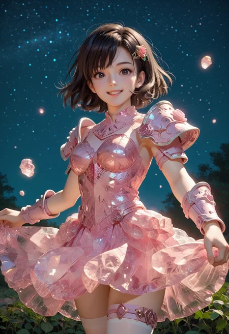 score_9, score_8_up, score_7_up, source_anime, perfect anatomy, ((outlined outlined vector graphics)), ,cute face, outdoors , starry night, cowboy shot, wind, black theme,
,cute face, glimmering, glowing,glittering,
1girl, solo, 20yo, black hair, black eyes, short bob hair, hair pin,mdeium breast, slender,(white thigh strap:1.1),(black clohtes:1.1),, front view , looking at viewer , (glow eyes:0.9),fantasy,, standing
pink clothes, pink crystal dress, pink cyrstal clothes,action pose, rose quartz clothes, rose quartz dress, rose quartz armor, shoulder armor, smile,clothed <lora:rose-quartz-clothes-01:1.1>
