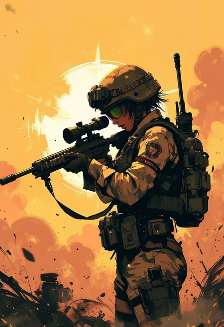 in the style of ck-mgs, nistyle, Special Ink-drawing mode, intricate linework with expressive contrasts, Mh1$AgThS2, Inkplash art on rice paper, sepia, henna , Silhouette Art, magnificent, inksplash image of female sniper in white camouflage uniform, aiming sniper rifle, silhouetted at sunset, chiascuro