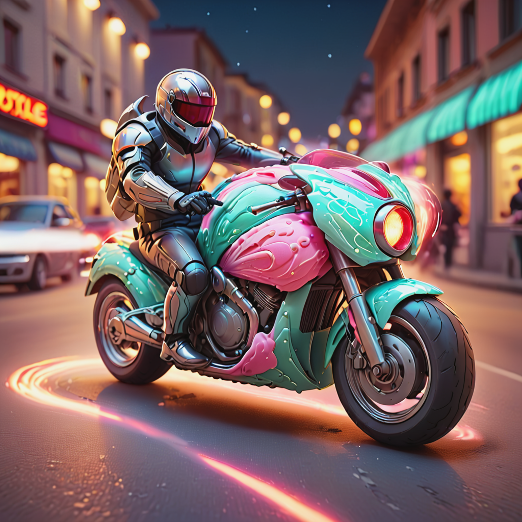 GelatoStyle sleek futuristic motorcycle, chrome finish,  glowing lights, high-speed motion blur, dynamic angle, night scene, ultra-detailed  <lora:GelatoStyleV1_4-000009:1>