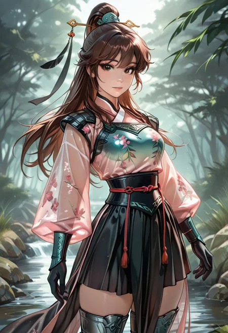 score_9, score_8_up, score_7_up, score_6_up, source_anime, , best quality, amazing quality, intricate detail, highly detailed, absurdres, 1girl, solfe female, beautiful detailed girl), Lu Lingqi, brown hair, brown eyes, long hair, high ponytail, headpiece, hanfu, long sleeves, hair ornament, floral print, see-through, feathers, armored dress, shoulder armor, breast plate, black skirt, thigh boots, armored boots, gloves, chinese armor, stream,, standing, cowboy shot,, looking at viewer, confident, proud, light background with soft lighting and subtle glow, ancient Chinese-inspired fashion, regal yet approachabledynamic angle, <lora:SmoothStyle_Omega:1>