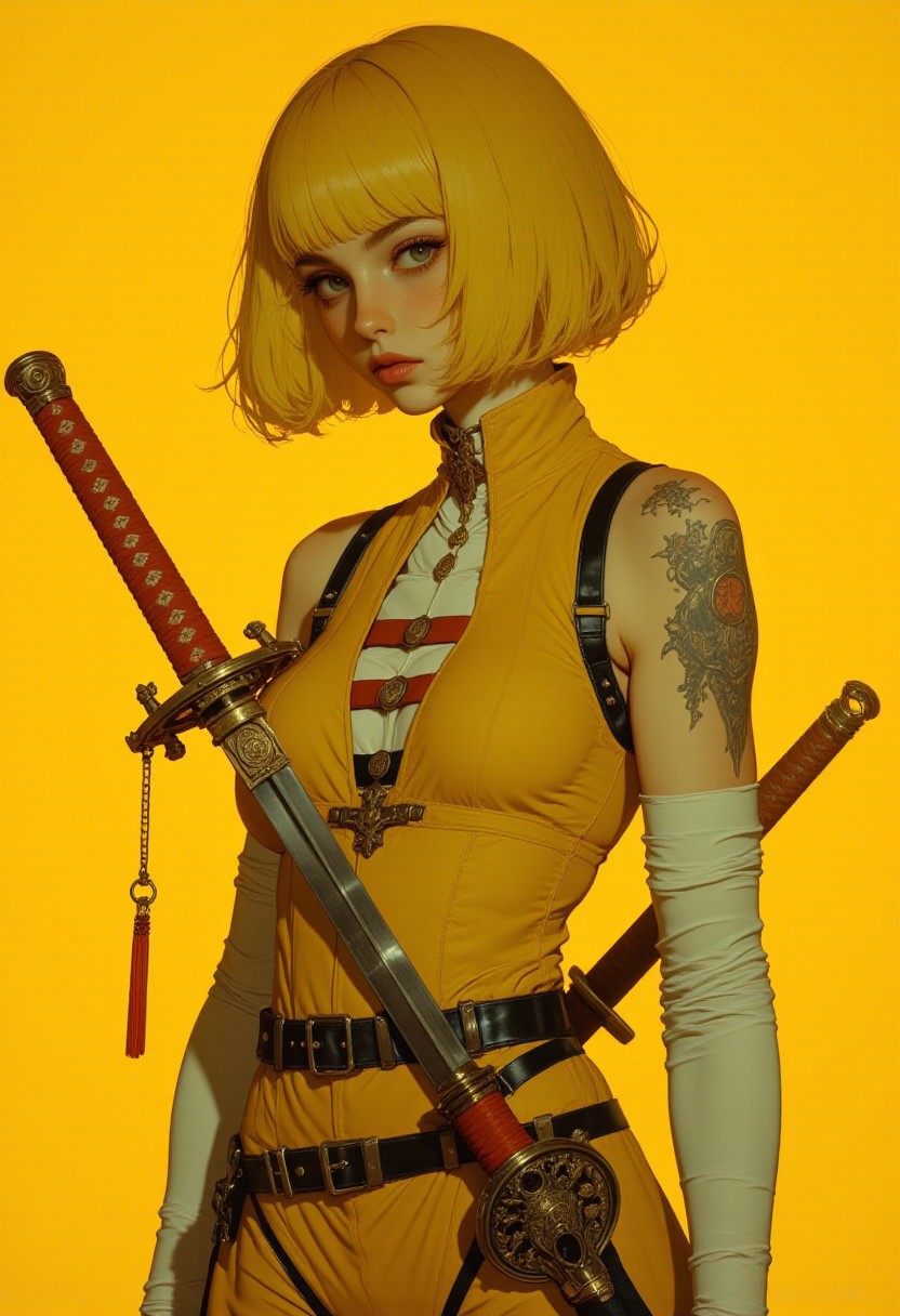 (High-quality, highly detailed, hyper-realistic, 8K, masterpiece) high-resolution photograph of a young woman with a pale complexion and vivid yellow, short, straight bob-cut hair, shown from the waist up in a strong, centered composition. Her intense, expressive eyes convey a mix of sadness and determination beneath sharply defined brows, set against a smooth, angular jawline. She wears a sleeveless, high-necked bodysuit in a bold yellow tone that matches her hair, accented with red detailing and distressed textures around the elbows and knees. Her arms are tightly wrapped in white bandages, emphasizing a hardened, combat-ready appearance. A katana with a red and white handle and ornate traditional guard is held diagonally across her chest, while the second blade is partially visible behind her left shoulder. The monochromatic yellow background creates powerful visual cohesion and contrast, enhancing the striking presence of the subject. Soft directional lighting casts subtle shadows, adding depth to her form. The mood is bold, focused, and fiercely resilient.