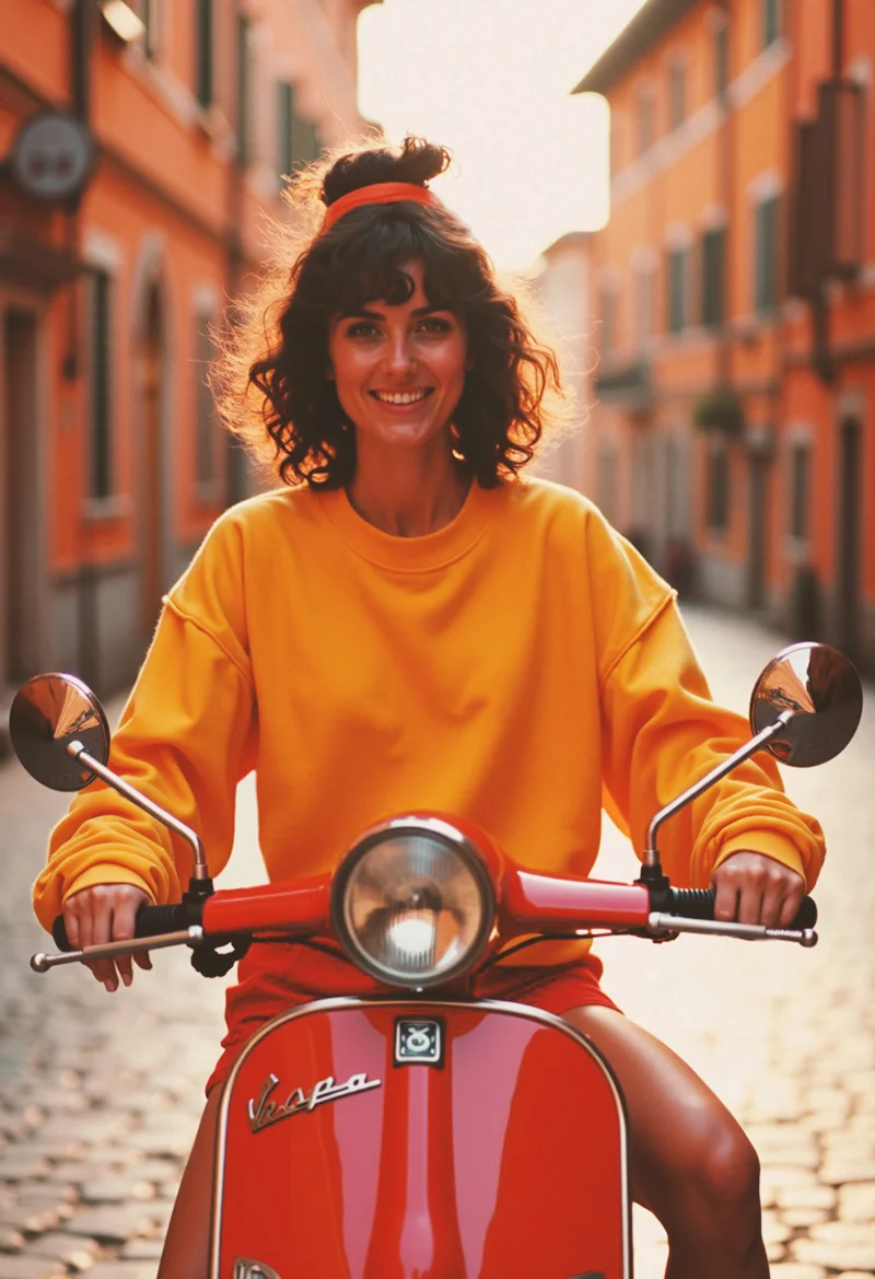 Unprofessional photo taken in haste with a disposable camera. Midshot of a caucasian 20 year old Italian girl perched on a gleaming Vespa scooter, captured in the golden hour of a warm summer evening in 1984. The subject is framed against a softly blurred backdrop of an old Italian street, with warm, ochre-toned buildings and cobblestone paths. The fading sunlight casts long shadows and bathes the scene in a rich, amber glow, creating a dreamy, vintage atmosphere. She's wearing a bright yellow oversized sweatshirt. She's paired this with short red athletic shorts. The woman has dark, curly hair that's partially pulled up with an orange hair tie on top of her head. She is smiling, looking directly at the camera. The image is styled to mimic an old photograph, with slightly faded colors, subtle film grain, and soft vignetting around the edges. The Vespa's chrome details catch the light, adding sparkle to the composition. Style: Documentary Photography 07 View: Dynamic shot