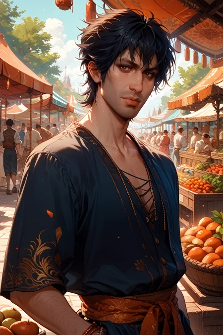 score_9, score_8_up, score_7_up, score_6_up
<lora:BGGortash:0.8>
BGGortash, 1boy, short hair, black hair, looking at viewer, at a bustling market, wearing casual clothes, surrounded by vibrant stalls, spices and fruits, lively and colorful scene, engaging with locals