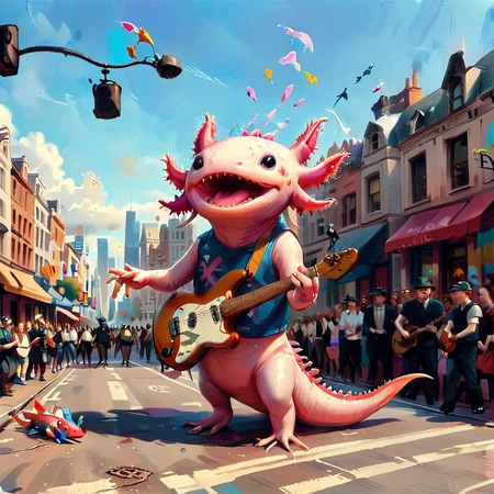 axomodelxl, axolotl in a bustling city, performing on the street, surrounded by crowds