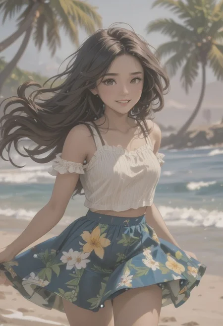 a beautiful (((black haired girl,))) very long messy hair, beautiful detailed deep brown eyes, (((brown skin))), tan skin, (hawaiian), cute and beautiful face, relaxed smile, medium breasts, hawaiian clothes, tropical print cropped white cotton crop top, sleeveless, off shoulder strapless top, knee length grass skirt, barefoot, toned midriff, white tropical flower in her hair, brown rope bracelet, yellow flower lei, full body view, colorful,
(masterpiece:1.2), (best quality:1.2), ultra-detailed, best shadow, detailed background, high contrast, (best illumination, an extremely delicate and beautiful), ((cinematic light)), hyper detail, dramatic light, intricate details, 8k, anime, very aesthetic,dancing in the water, beautiful hawaiian beach, sparkling blue ocean, gentle waves, white sand, fluffy clouds in the sky, sunset, summer season, flower petals blowing in the wind, ocean in the background, breezy weather, natural lighting, vivid colors, skirt blowing in the wind, hair blowing in the wind, hawaiian beauty, beautiful smile, happy, blush, outdoors