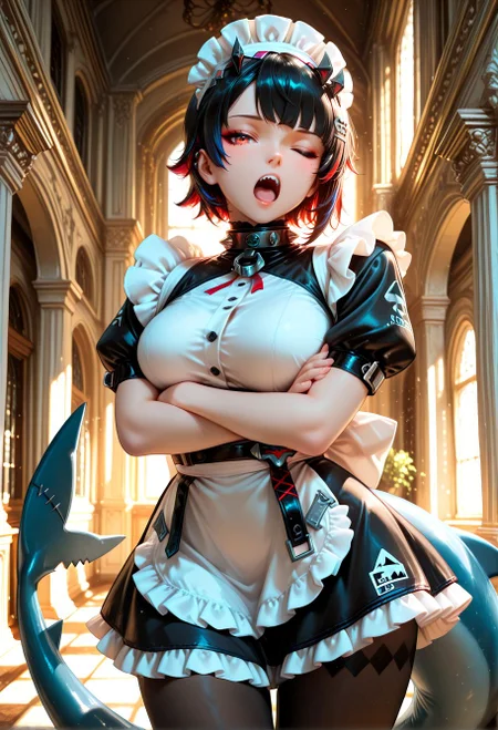 Smooth Quality, ellen joe,  1girl, short hair, maid headdress, multicolored hair, maid, pantyhose, short sleeves, hair ornament, frills, shark tail, puffy sleeves, black pantyhose, crossed arms, cowboy shot, mansion, hall, yawning, one eye closed, detailed eyes, looking at viewer, <lora:Smooth_Booster:0.5> <lora:Smooth_Lighting_Enhancer:0.25>