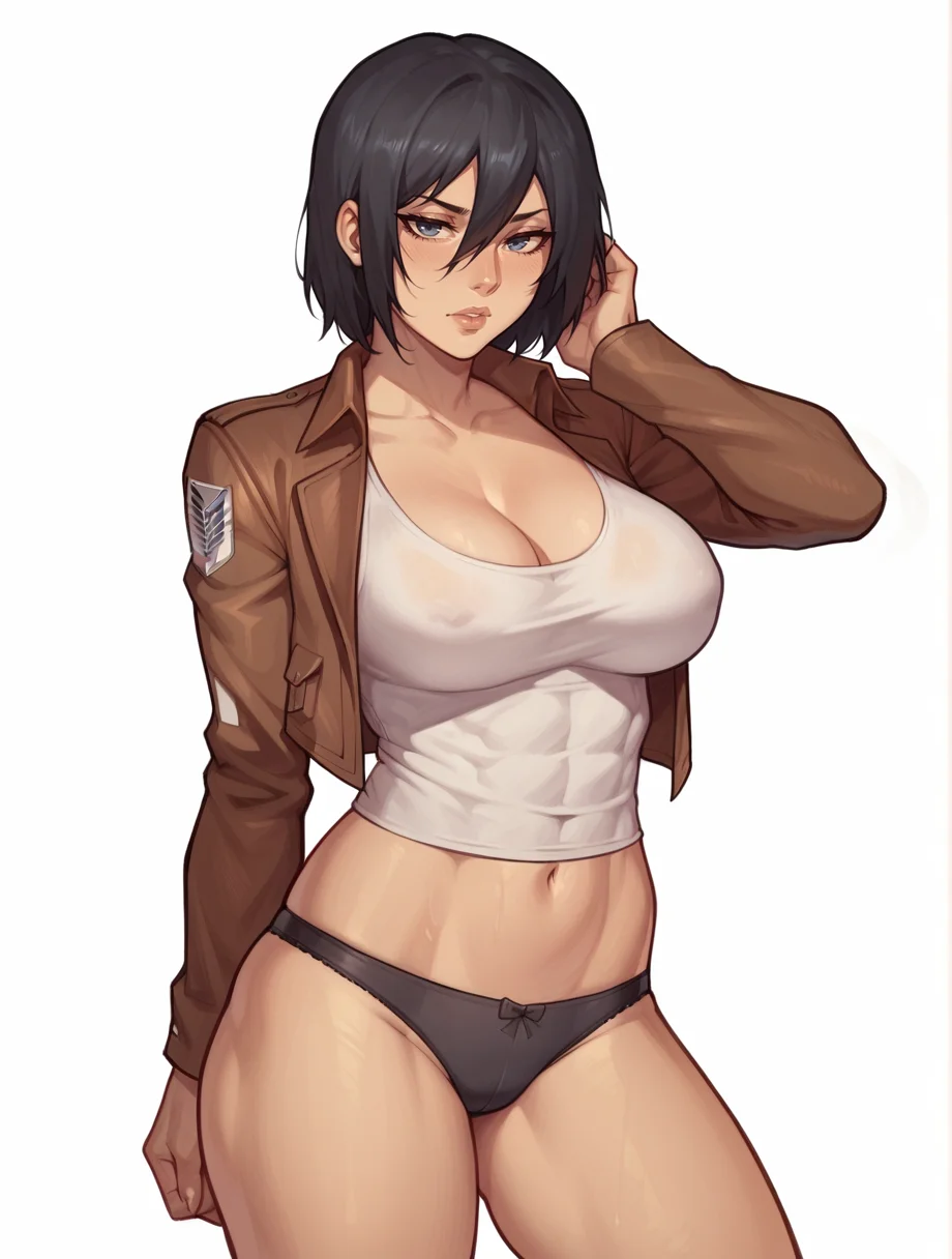 score_9, score_8_up, score_7_up, <lora:AsuraV2:0.8>
1girl, mikasa ackerman, black hair, medium hair, large breasts, covered nipples, shirt, cleavage, panties,