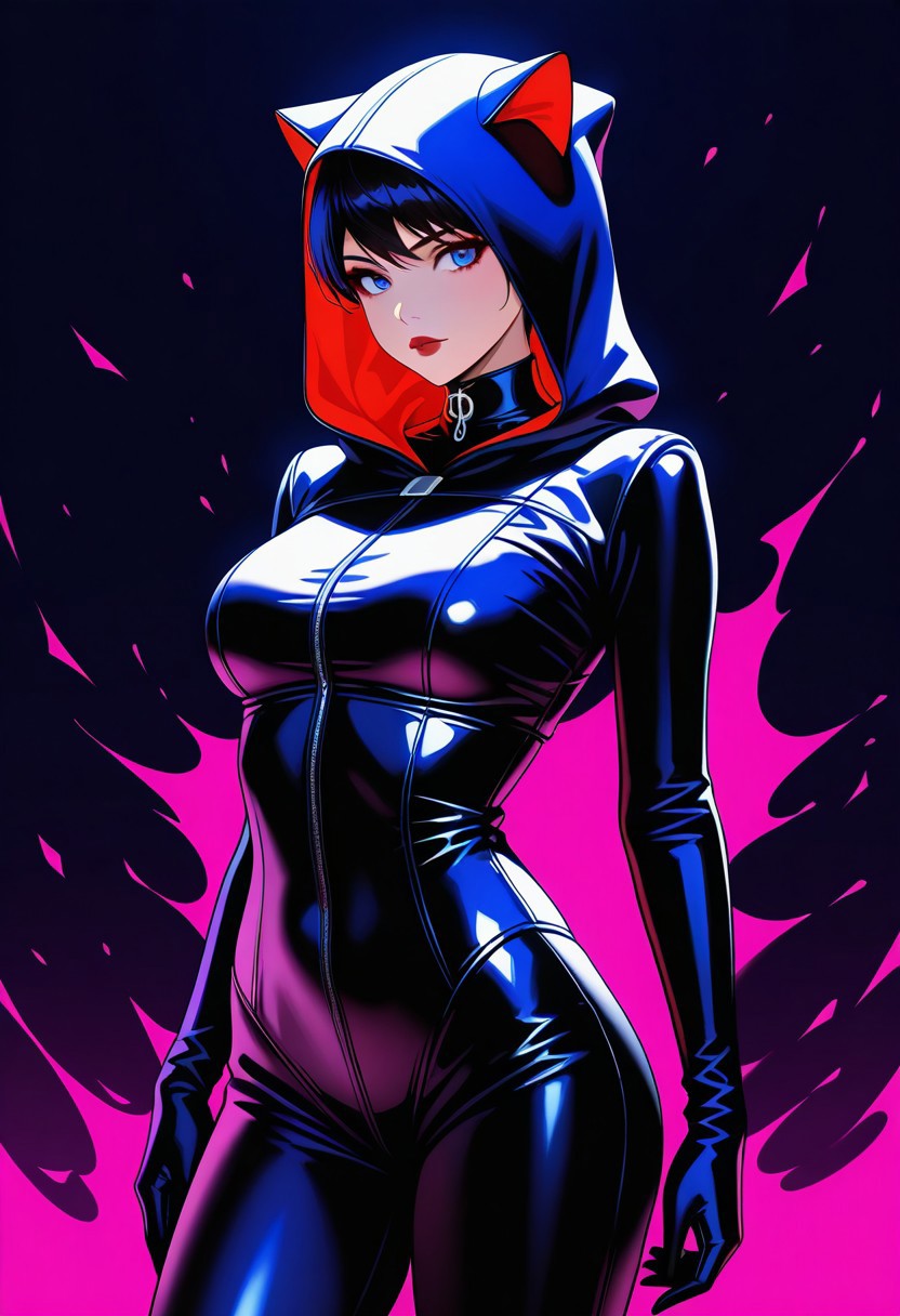 cowboy shot, catwoman, original costume with hood, dynamic image, masterpiece, amazing quality, HD32K, vibrant colours, dark background, HD32K, highly detailed