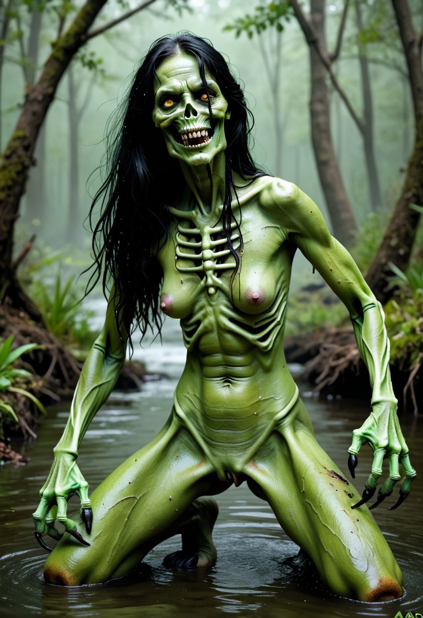 green saggy, green saggy, green saggy,  rotten, rotting, decayed, decomposed, (((old, skeleton))), ((((green skin black claws, eye yellow)))), undead crone, hag, old, crone, old witch, (black hair), very old skin, wrinkles , evil swamp, old_mary, (green skin woman) 1girl solo breasts, nipples, greed colored skin, skinny, (((skinny old green))) female, thighs ,nude old ,old skin, saggy , long black  hair , epic green lights, fighting stance ,good quality, good anatomy skinny anatomy masterpiece tiny head ratio to body, old_mary, oddly long limbs, skinny, saggy, ugly, weird, gross, wet, swamp, old, saggy, old saggy, monsterous, claws, fangs, evil smile. glowing green eyes, 100 years old