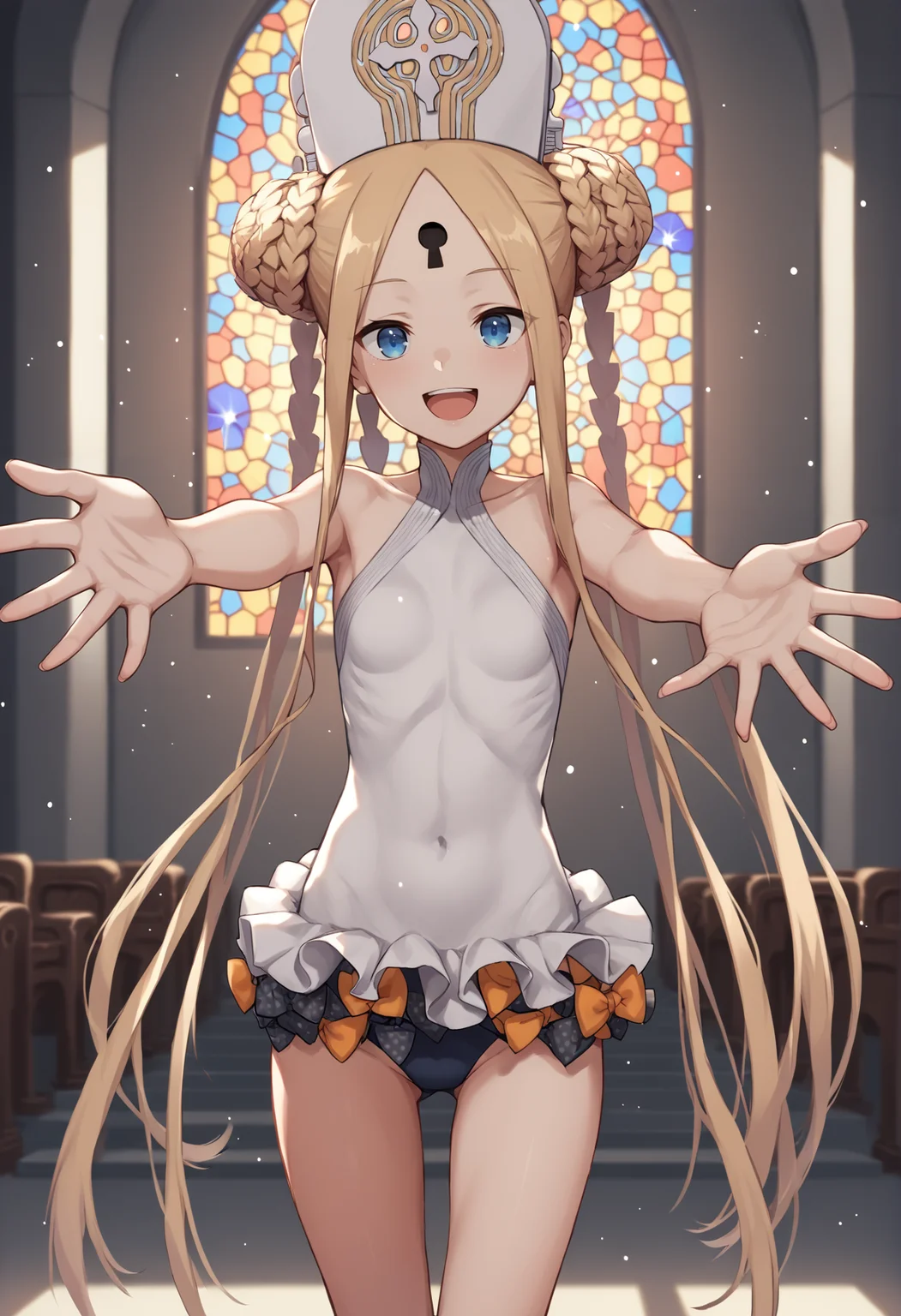 1girl, blonde hair, long hair, blue eyes, forehead, double bun, braided bun, twintails, sidelocks, keyhole, forehead mark, one-piece swimsuit, dress swimsuit, polka dot bow, orange bow, white headgear, mitre, reaching towards viewer, standing, smile, open mouth, indoors, church, sunlight <lora:abby_xl:1>, score_9, score_8_up, score_7_up, score_6_up, score_5_up, score_4_up, BREAK source_anime, masterpiece