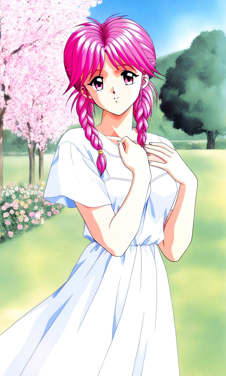 general,highres, ultra-detailed,very aesthetic,best quality ,best hands, BREAK  <lora:Koshiki_Yukari_Tokimeki_Memorial_IS:1>
Koshiki_Yukari(Tokimeki_Memorial), 1girl, solo, pink hair, twin braids, long hair, pink eyes, bangs, breasts,
white dress, 1990s (style), flower, polka dot, short sleeves, looking at viewer, hand on own chest,
outdoor, tree, sky,