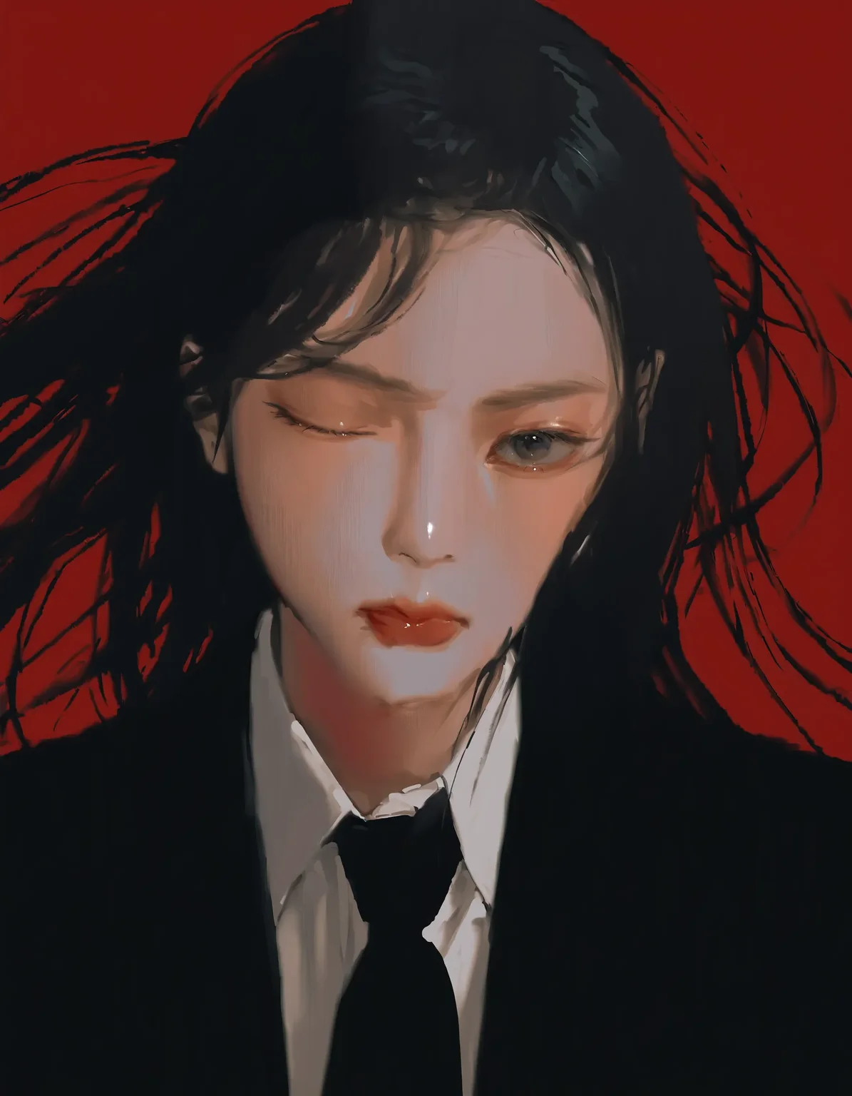 1girl, solo, long hair, red background, black hair, shirt, looking at viewer, collared shirt, one eye closed, black necktie, simple background, necktie, red lips, closed mouth, portrait, white shirt, black jacket, jacket, floating hair, dynamic, out of frame,
masterpiece, very awa, <lora:why:1>