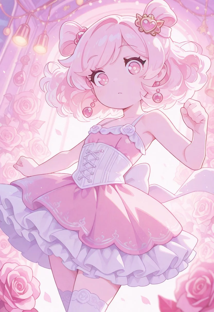 score_9, score_8_up, score_8, highly detailed, masterpiece, source_anime, cinematic light, hyper cute style, cinematic lighting, depth of field, volumetric lighting, highres, absurdres, colorful, highs details, intricate details, best quality, very aesthetic, BREAK 1girl, dynamic lighting, ambient light, soft light, line art, dynamic pose, [layered_composition], pastel colors, pencil colors, simple background, gradient, high detail, sharp shading, soft shadows, small waist, (incredibly detailed:1.4), pink eyes, pink hair, fluffy hair, swept bangs, hair ornament, neckline, flat chest, dress, skirt, pink, straps, corset, satin, roses, decorations, (Rose mini prom dress), prom ballroom, looking at viewer.