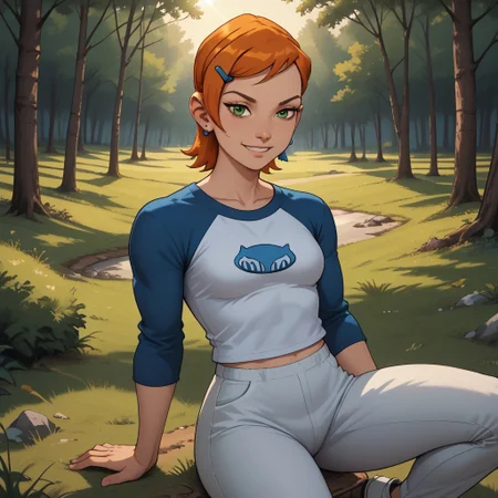 score_9, score_8, BREAK, solo, Gwen_Tennyson_(Ben10), 1girl, pale skin, green eyes, short orange hair, hair clip, sapphire earrings, long sleeves, blue raglan shirt with a cat logo, white capri pants, white shoes, self portrait, smile, looking at viewer, outdoors, sunlight, shadows, evening lighting, natural lighting, forest, trees, grass, orange sky, sunset