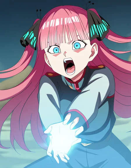 masterpiece, best quality, newest, absurdres, highres, safe,, <lora:nnakano-s2-ponyxl-lora-nochekaiser:1>, long hair, bangs, blue eyes, hair ornament, hair ribbon, pink hair, blunt bangs, two side up, butterfly hair ornament, large breasts, <lora:kamehameha-illustriousxl-lora-nochekaiser:1>, kamehameha, kamehameha (dragon ball), open mouth, outstrecthed arms, torn clothes, shouting, from side,, outdoors, wasteland,,