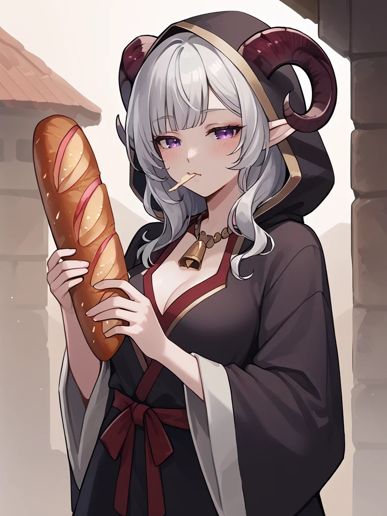 <lora:baguette:0.8> baguette, holding food, source_furry, score_7_up, rating_safe, cowboy shot, gold necklace, tiefing, short pointed ears,brown horns, (a pair of brown sheep Horns that begin at her temples and curve back: 1.5), bangs,long silver hair long wavy hair, pale skin,<lora:whisker_markings:0.8> red whisker_markings:1.4 , pointy ears, purple eyes:1.2, <lora:age_slider_v4:0.6>   medium breasts, skinny female, close up, silver hair, <lora:Tieflingnew weird fantasyDND:0.3> Tiefling, pointed ears, horns,  half-closed eyes:1.5,<lora:Smooth Style 2 SDXL_LoRA_Pony Diffusion V6 XL:0.5>  bell, robe, hood off, <lora:Nanoless_Artist_Style_PonyXL:0.3>