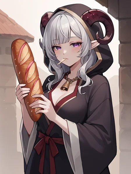<lora:baguette:0.8> baguette, holding food, source_furry, score_7_up, rating_safe, cowboy shot, gold necklace, tiefing, short pointed ears,brown horns, (a pair of brown sheep Horns that begin at her temples and curve back: 1.5), bangs,long silver hair long wavy hair, pale skin,<lora:whisker_markings:0.8> red whisker_markings:1.4 , pointy ears, purple eyes:1.2, <lora:age_slider_v4:0.6> medium breasts, skinny female, close up, silver hair, <lora:Tieflingnew weird fantasyDND:0.3> Tiefling, pointed ears, horns, half-closed eyes:1.5,<lora:Smooth Style 2 SDXL_LoRA_Pony Diffusion V6 XL:0.5> bell, robe, hood off, <lora:Nanoless_Artist_Style_PonyXL:0.3>