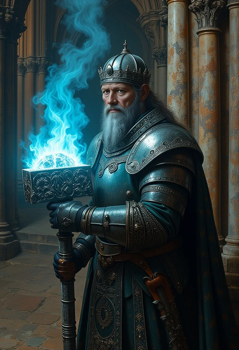 the lich king wearing heavy armor and a gigantic hammer burning with ghostly blue flame in the style of Jan Van Eyck, the beckground is a massive throne room inside the catacombs