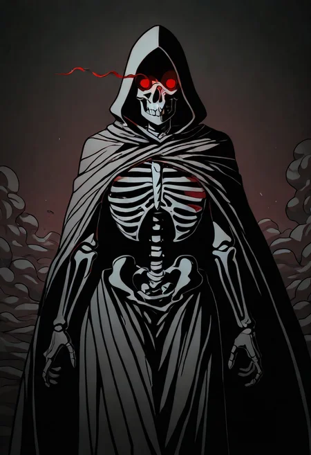 Masterpiece,best quality,limited color palette,lineart,vector art,1girl,solo, cowboy shot,
Hidden face, shadows, hood, cloak, paranormal, gaseous, smoke, dust, skeletal, grim Reaper, scythe, glowing eyes, red eyes, dark background, P0K3M1LF5TYL3,