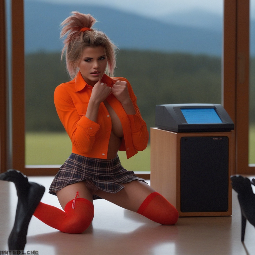 denim shorts, blurry background, red thighhighs, female pubic hair, mole on ass, kneeling, arm up, glowing, food, orange shirt, plaid skirt, table, jacket, breasts, computer, black footwear, tying hair, pants, pink scarf, covering breasts, skull, shirt lift, pantyhose, coconut, window, nata lee, open clothes
