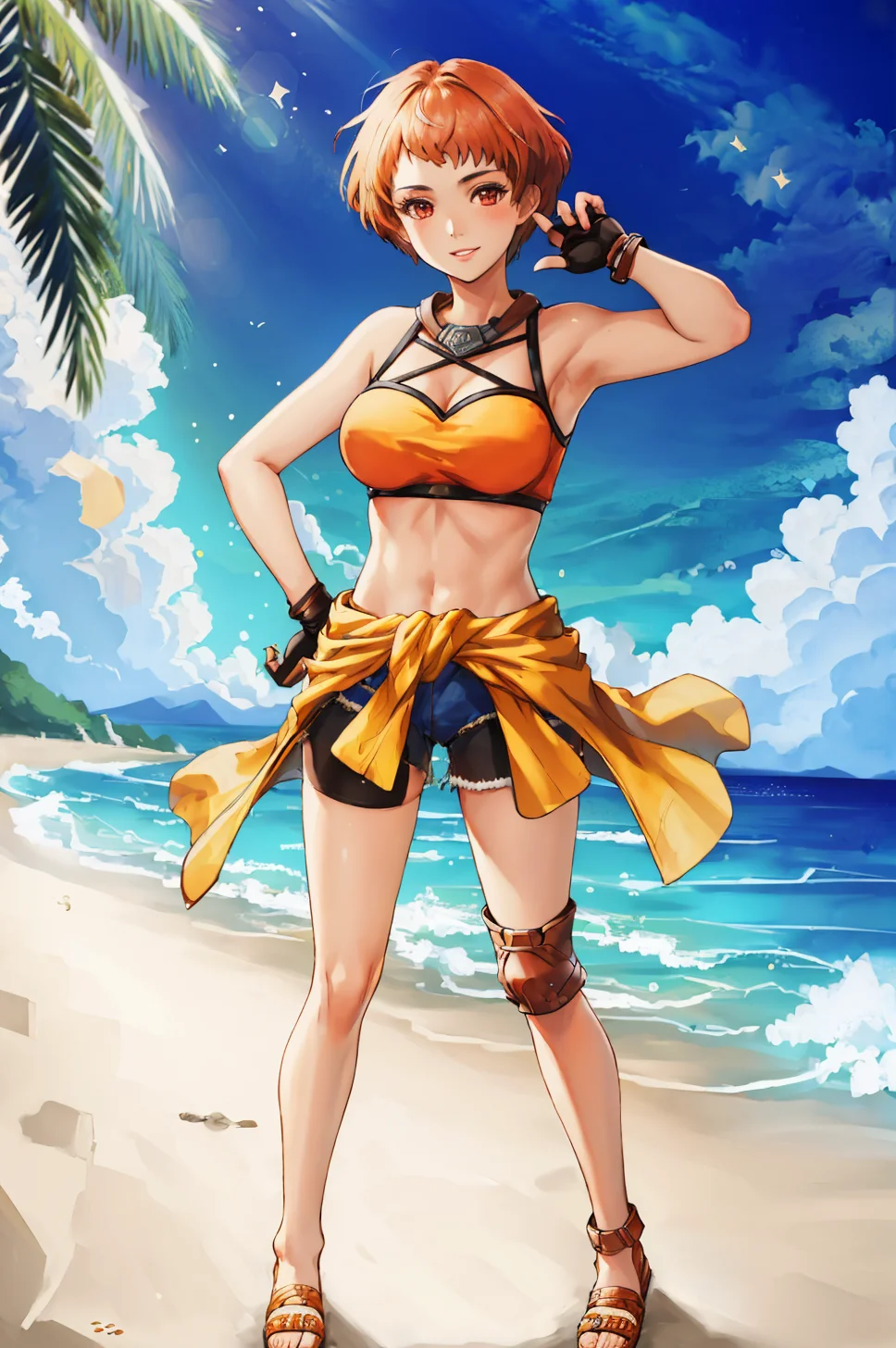 masterpiece, beach, 1girl, full body, looking at viewer, smile, parted lips, <lora:LeonieFE3H-FEH:0.85> sumLeonie, short hair, bikini, fingerless gloves, shorts, clothes around waist, sandals