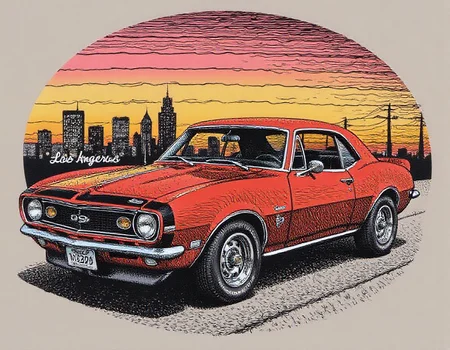oval tshirt design, illustration of a red Chevy Camaro SS, Los Angeles city skyline sunset in the background, in the style of r0b3rt_crum8