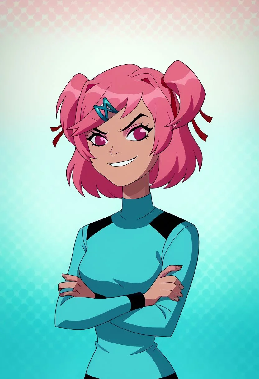 score_8, score_7, score_6, score_5,(masterpiece, best quality, amazing quality, abstract art background), ,cowboy shot, multi colored background, wyatt, , 1 girl, character focus, upper body visible, zoomed in medium shot, crossed arms, angry, , , smiling, natsuki, pink hair, pink eyes, two side up, x hair ornament