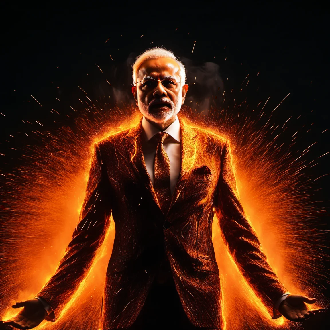 fireart, modi in fire suit ,circular of sparks<lora:fireart:1>