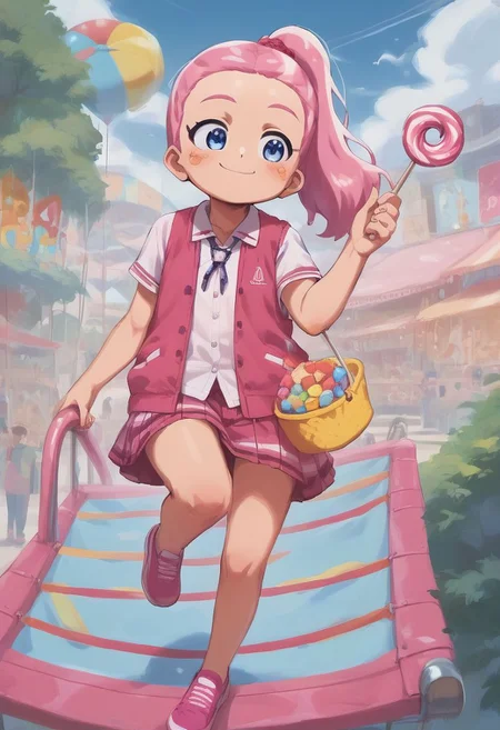 score_9, score_8_up, score_7_up, bbka_style,
1girl, solo, hime cut, pastel hair, blue eyes, slide, swings, kawaii, cute, adorable, ponytail, smiling, carnival, holding cotton candy, school uniform, climbing, playing, <lora:bbka_pdxl5:1>
