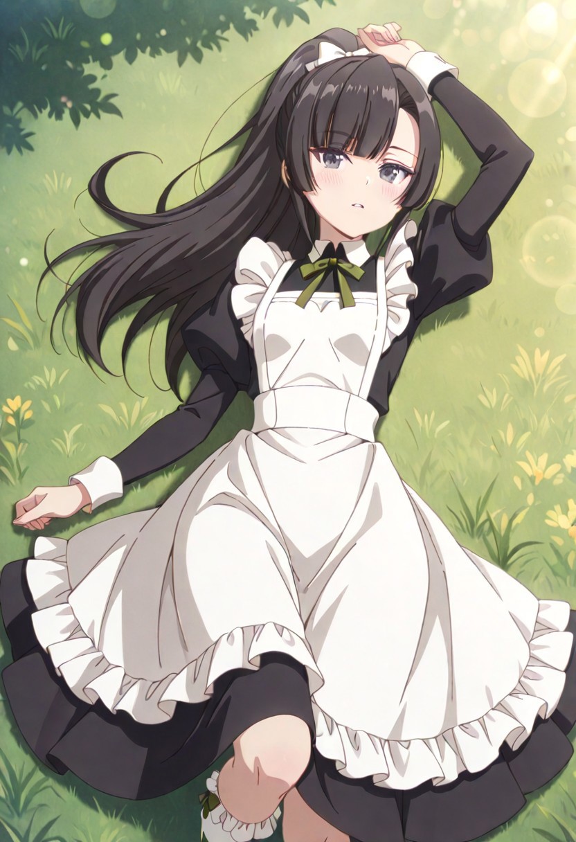 masterpiece, best quality, amazing quality, dynamic view,  solo, dynamic view,  solo, 1girl, masterpiece, best quality, bokeh, luminescent background, 
( maidhimari,, 
 black hair, ponytail, long hair, hair bow,  white bow, black eyes,  asymmetrical bangs, sidelocks, small breasts, ,
 black dress, maid dress, maid apron, white apron,  long sleeves, puffy sleeves, juliet sleeves,  ribbon, socks, white socks, frilled socks, black footwear,,
, ), 
looking_at_viewer, 1girl, masterpiece, best quality, bokeh, luminescent background, girl, solo, arm up, blush, looking at viewer, lying, on back, parted lips, grass, sunlight,