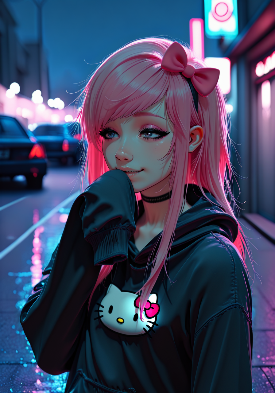embedding:IllusP0s, s0larpunk, angled bangs, long hair, eyelashes, eyeliner, choker, hair bow, baggie hoodie, hello kitty logo, sleeves past fingers, giggling, outdoors, night, 1girl, solo, parking lot, pink hair, embedding:IllustriousQual, embedding:Smooth Quality,<lora:scenequ33n_ill.safetensors:1.0:1.0> <lora:s0larpunk.safetensors:1:1>
