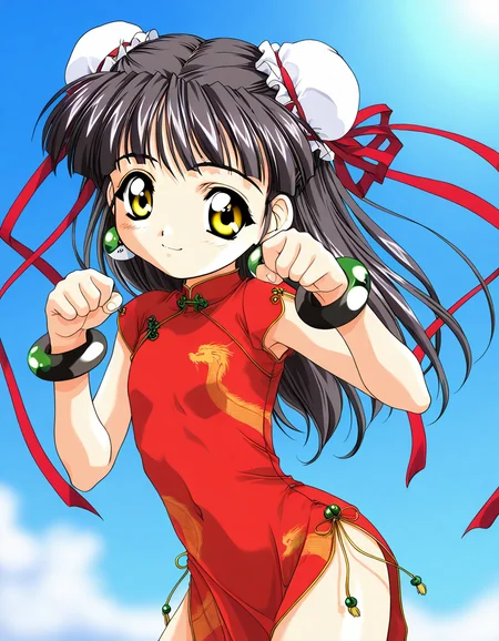 masterpiece, best quality, good quality, <lora:Kounyan_Spiral_NAMI_IS:1>Kounyan, black hair, long hair, double bun, hair bun, bun cover, yellow eyes, ribbon, earrings, flat chest, green jewelry, 2000s \(style\),anime coloring, short stack,
1girl, solo, chinese clothes, china dress, red dress, smile, paw pose,
bracelet, short hair,
blue sky,