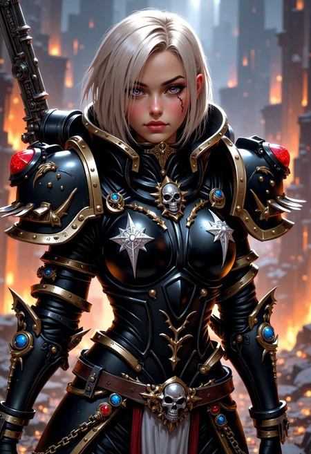 mythp0rt, 24 years old woman with blonde hair, medium hair , side cut, undercut, purple eyes, (emo girl makeup:1.2), dark eyeshadow, warhammer 40k style, perfectly round breast, small breasts, scar across right eye, intricate artwork, 8k, breathtaking, hyperrealism, sharp focus,
BREAK,seducing eyes, perfect face, detailed face, looking at you, dynamic sexy pose,
BREAK Sistersofbattle, Warhammer, black metal armor with white accents, large shoulder armor, holding chain sword,
BREAK, 1girl, solo, semi realistic, source_cartoon, full body shot, ruined city, flames in background, battlefield, full body shot, dramatic angle,