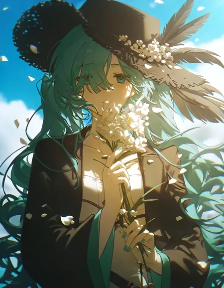 1girl, solo, hatsune miku, upper body, breasts, collarbone, hair over one eye, black jacket, wide sleeves, long bangs, aqua nails, cropped jacket, (masterpiece, best quality, highres:1.2), reverse:1999, wavy hair, hat feather, blue sky, cloudy sky, holding flower, floating hair, flower, petals, blurry, <lora:KonyaKarasue:0.6>, konya karasue