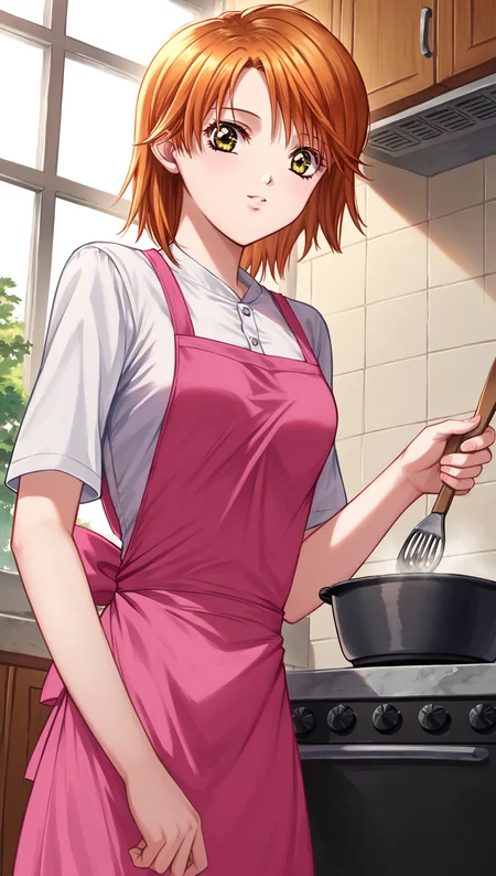 zPDXL2, rating_safe, source_anime, 4k quality, detailed background, detailed eyes, anime style, dutch_angle, looking at viewer, cowboy shot, white button-up shirt, indoors, kitchen, (cooking), stirring pot, food, apron, pink apron, <lora:mogami-kyoko-xl-04:1>, mogami kyoko, yellow eyes, medium breasts,