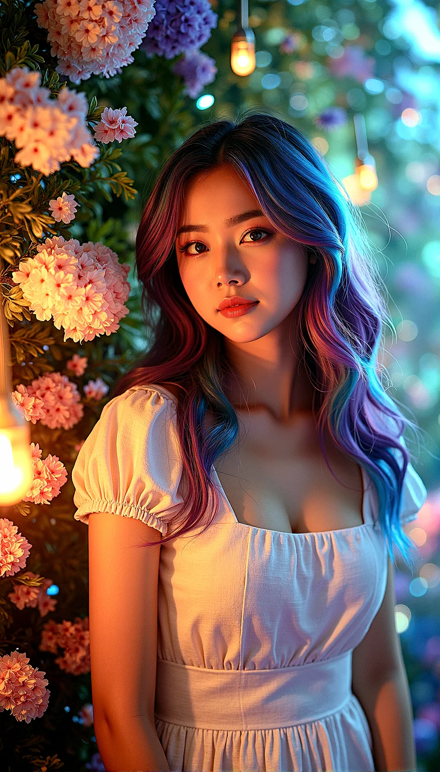 Extreme realism in a complex, highly detailed composition featuring a beautiful woman with flowing rainbow-colored hair, wavy hair, multicolored eyes, ample bosom, slim waist, . The rainbow glowing background, with its vibrant colors, exaggerated details, intricate textures, and dynamic lighting, creates a whimsical, dreamy atmosphere in photorealistic quality. She is wearing Cream-colored linen dress with a square neckline and cap sleeves.


Small, glowing particles floating in the air, adding a magical and ethereal quality to the scene.Clouds with an iridescent sheen, reflecting multiple colors and adding a whimsical touch to the sky.Tree branches that emit a soft light, adding a mystical and natural element to the background.Veils of light that glimmer softly, adding a touch of magic and softness to the scene.Raindrops that glow subtly, adding texture and a soft, rainy atmosphere to the scene.

Looking directly at the camera, with a quiet, reflective expression, camera focus on face








