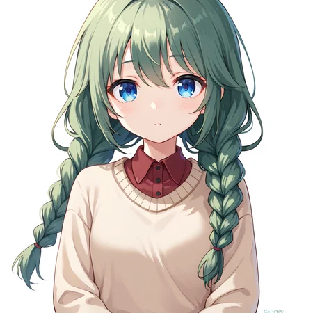 score_9, score_8_up, score_7_up, simple background, 
1girl, solo, shingyoji yuni, green hair, twin braids, sweater, uniform,
 <lora:shingyoji_yuni_pony_v1:0.6>