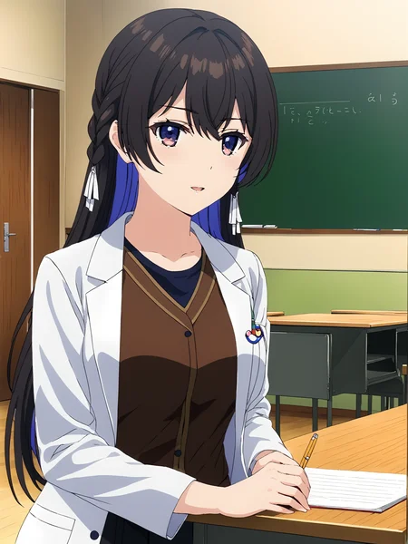 masterpiece, best quality,
<lora:tinasha.sdxl.v3:0.8> tinasha,
1girl, solo,
brown vest,
black pants,
teacher, (labcoat)
teachers desk,
classroom, indoors, school,