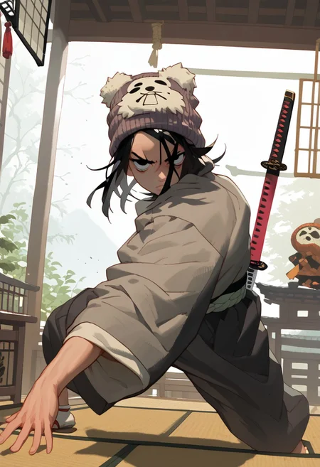 score_9, score_8_up, score_7_up, hyper detailed face, score_6, score_5, anime, perfect face, perfect anatomy, perfect hands, 1boy, (((kimono, holding_katana))), (fullbody, dojo, indoors, dynamic pose, combat pose, fight pose), solo, kid, child, male focus, medium length hair, messy hair, spiky hair, black hair, black eyes, serious, tired eyes, (((light grey beanie, animal hat))), clothed, forehead, looking at viewer, character design
