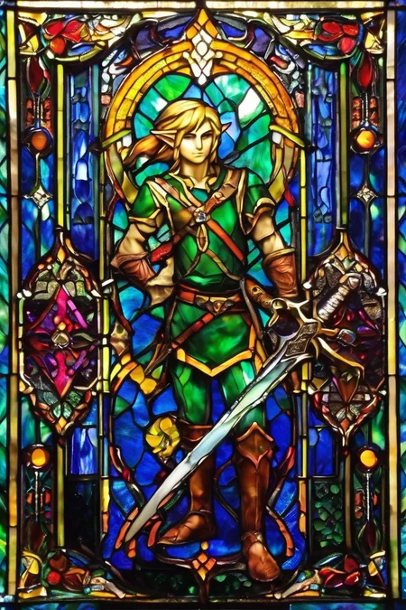 link ,  sword, vibrant colors,<lora:stained_glass_style_v1_sdxl:1>