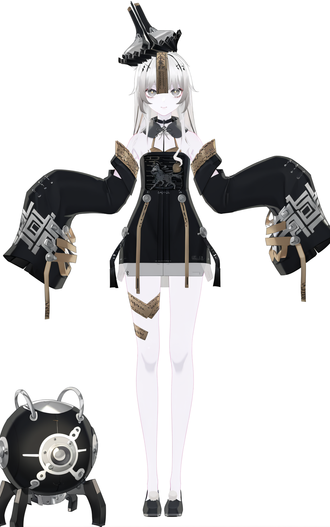 8k, best quality, masterpiece, (ultra-detailed), (high detailed skin), (by nanoless, by misumi \(macaroni\),:0.5), 
A full-body portrait of a young girl, standing gracefully, pastel art style, high-key lighting, shoujo manga influence, hd quality, delicate details, 
full body, full shot, standing, looking at viewer, (solo:1.2), simple background, white background, 
<lora:21XXI-atw2-Tanger-000005:0.8>, 21XXI, 2nd clothes, strange hat, black chinese clothes, 1girl, long hair, detached sleeves, dress, black footwear, pale skin, white hair, sleeves past wrists,