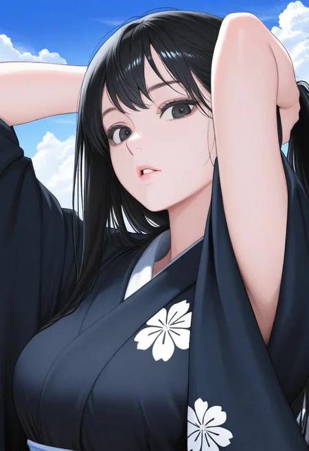 1girl, sky, black hair, long hair, masterpiece, black eyes, Yuki-Onna, parted lips, looking at viewer, kimono, black kimono, floral print, outdoors, arms behind head, adjusting hair, cloud, volumetric lighting, blue sky, portrait, upper body,