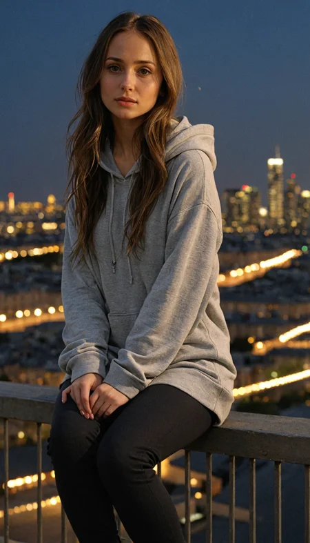 SelestXL3
extremely photorealistic illustration of a girl with long flowing hair, wearing a hoodie and dark pants, sitting on a rooftop railing overlooking a city at dusk, atmospheric lighting, cityscape in the background with glowing lights, highly detailed, elaborated background with skyscrapers, streets, and light trails, 8k, high quality, artstation